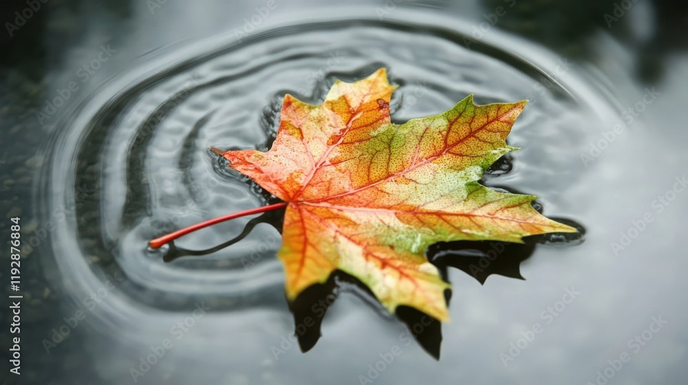 Poster a colorful maple leaf floating on a dark water surface, creating ripples with vibrant autumn hues