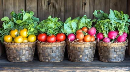 Freshly Harvested Tomatoes and Radishes in Rustic Baskets