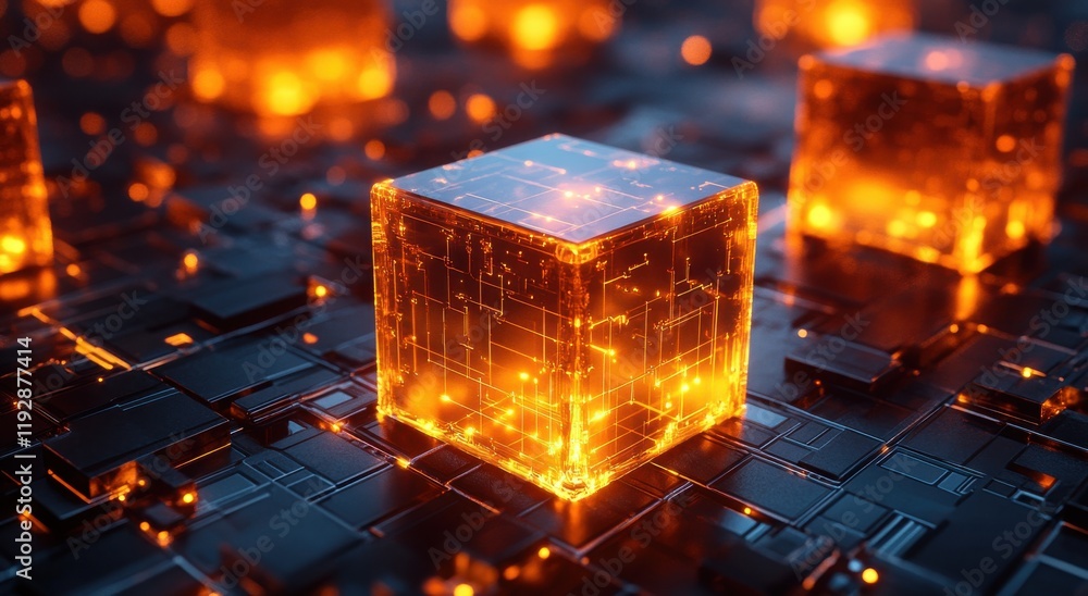 Poster glowing orange cubes on a dark futuristic background displaying bright patterns of light and energy 