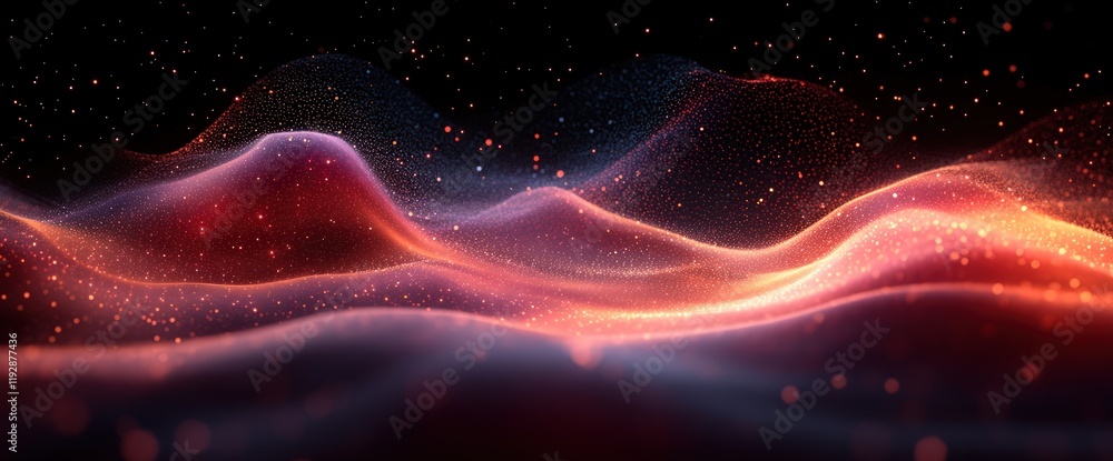 Poster abstract red and orange glowing waves with particles on a dark background.