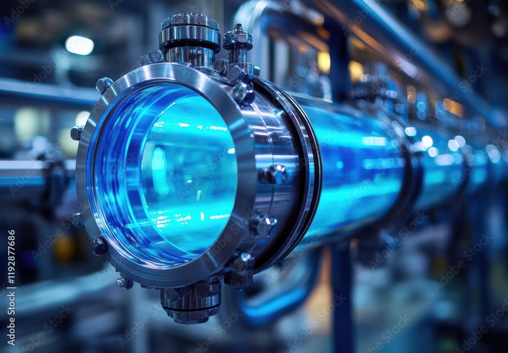 Poster high-resolution close-up of a modern industrial pipe with blue lighting in a technical environment, 