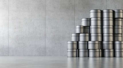  Neatly arranged oil barrels in pyramid formation within a clean and minimalistic warehouse, soft lighting accentuates the metallic texture, offering ample copy space for text overlay.