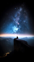 Fototapeta premium cinematic photo of man on cliff watching the horizon night sky, shooting stars space milkyway galaxy,