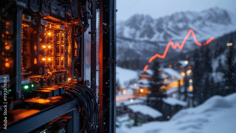 Poster high-tech data center surrounded by snowy mountain landscape with a visualization of network perform
