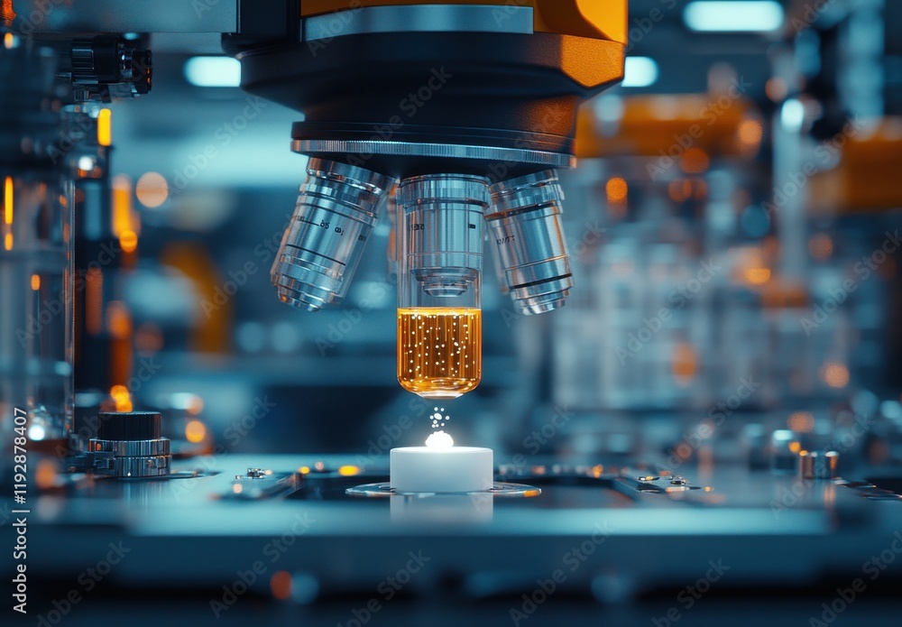Poster high-tech microscope analyzing liquid sample in laboratory environment with advanced equipment and i
