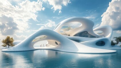 Obraz premium Innovative Organic Architecture with Fluid Forms and Reflective Waters Under a Bright Sky Ideal for Modern Design and Nature Integration Concepts