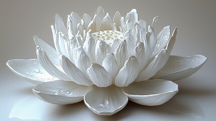Close-up of a pristine white lotus flower with water droplets, showcasing its delicate petals and golden center.