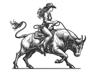 Naklejka premium Pin-up woman bull cowgirl in full rodeo action, riding bull with a lasso sketch engraving generative ai fictional character raster illustration. Scratch board imitation. Black and white image.