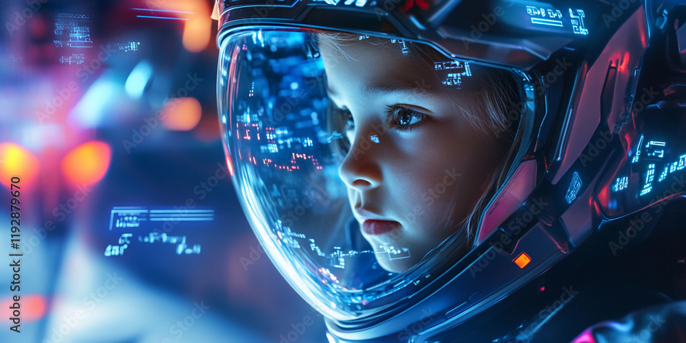 Aufkleber child in futuristic space helmet exploring a virtual world