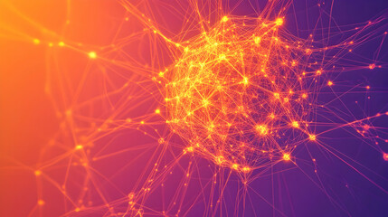Creative mind concept shown as interconnected nodes in fiery orange hues on a gradient purple backdrop, radiating inspiration