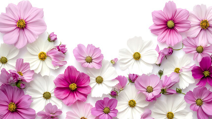 Fototapeta premium A beautiful cosmos arrangement, a decorative flower border, and blossoms on a white backdrop