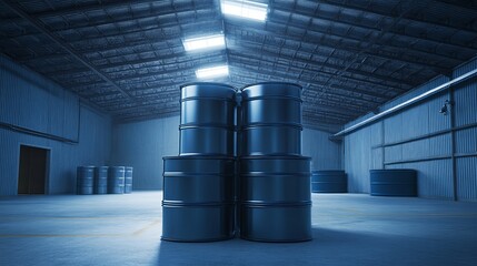 Neatly stacked oil barrels in a pyramid shape within a warehouse, under soft lighting that accentuates the metallic texture, creating a clean and minimalistic scene with ample copy space for text over