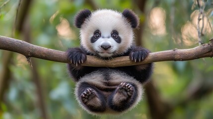 Fototapeta premium Adorable baby panda hanging from a tree branch in a lush green forest.