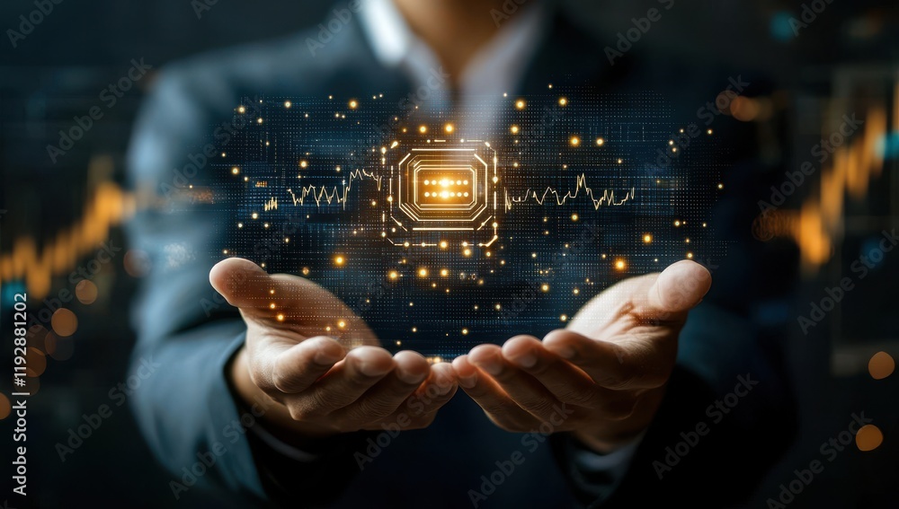 Poster man in suit holding futuristic technology with circuitry and data visualization elements in hands sy