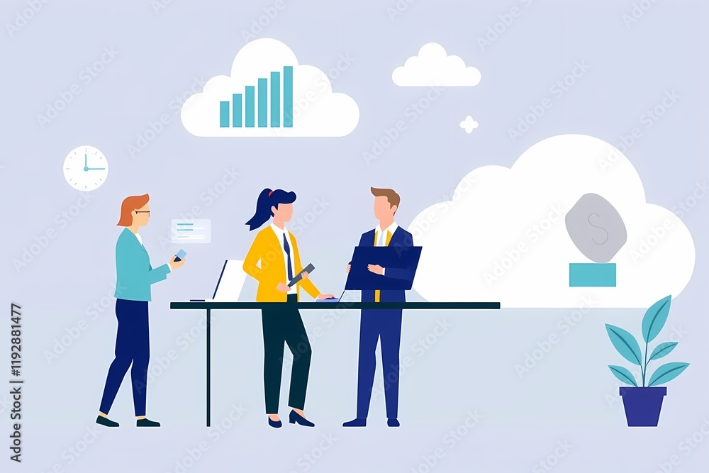 Poster teamwork and cloud computing: a vibrant illustration of a diverse team collaborating on a project, w