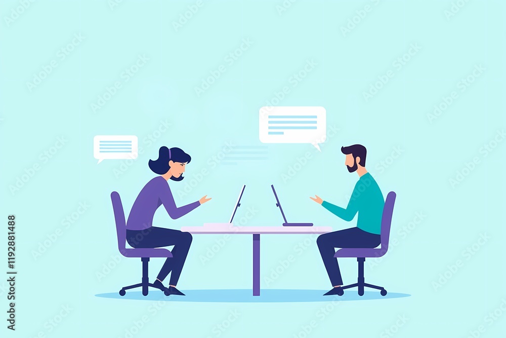 Poster collaborative teamwork: two colleagues engaged in a productive online meeting, collaborating effecti