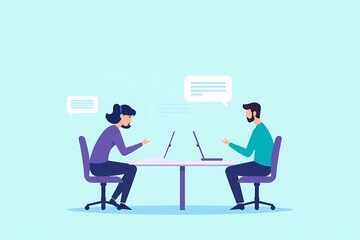 Fototapeta premium Collaborative Teamwork: Two colleagues engaged in a productive online meeting, collaborating effectively using laptops and instant messaging.