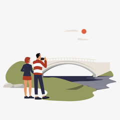 Tourists taking photos near a bridge in flat vector illustration symbolizing travel, sightseeing, and tourism, isolated on white background.
