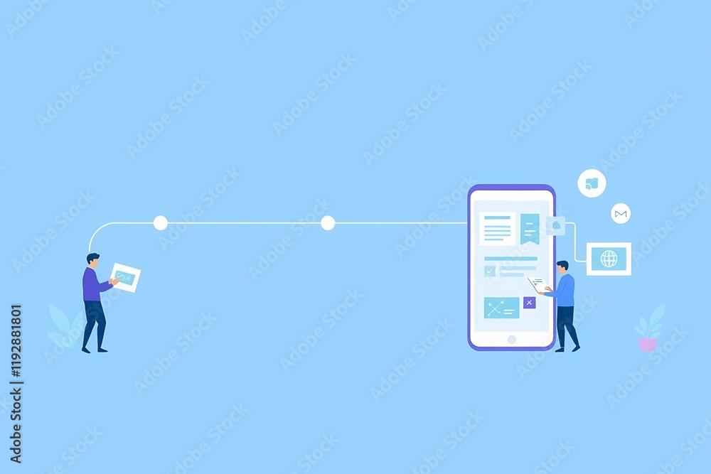 Poster digital connection: a minimalist illustration depicting two stylized figures, one holding a tablet a