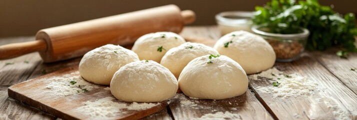 Fresh dough preparing on a rustic kitchen table surrounded by natural ingredients. Generative AI