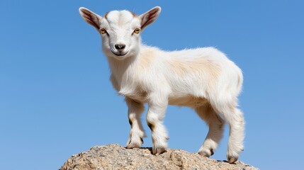 Fototapeta premium Playful baby goat on a rocky outcrop outdoor nature scene clear blue sky animal portrait photography