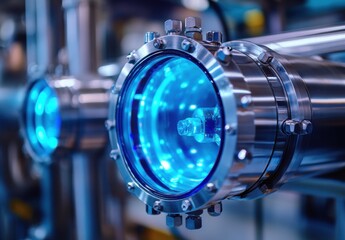 Fototapeta premium Modern Industrial Equipment with Blue Optical Lens and Metal Components in a Factory Setting for Technology and Manufacturing Projects