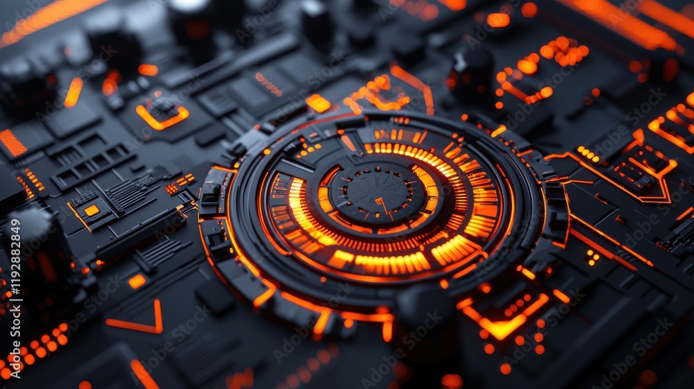 Poster a futuristic, illuminated circuit board with intricate patterns and glowing orange elements against 