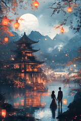 Enchanting scene of a couple by a lake, watching floating lanterns illuminate a starry sky and majestic mountain castle.
