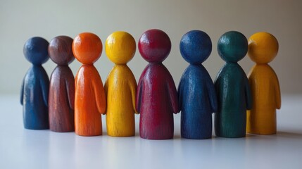 Colorful Wooden Figurines Representing Diversity and Inclusion in Community, Social Connection, and Group Dynamics for Artistic and Educational Concepts