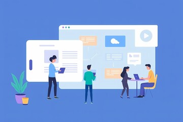 Content Collaboration: A team of four people collaborate on a project. They are working on a digital content strategy, using devices and a large screen for brainstorming and planning.