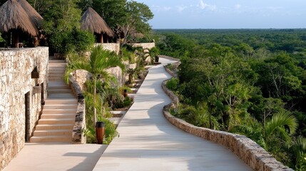 Stunning nature walkway eco-resort scenic path tropical forest elevated view tranquil retreat