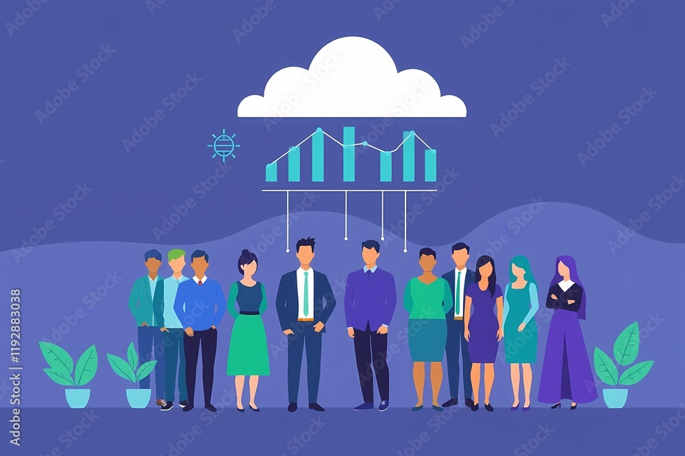 Poster teamwork and cloud computing growth: a diverse team of professionals stands confidently beneath a cl