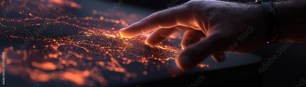 Poster a close-up of a hand gently touching a glowing, textured surface, creating sparks of light and empha