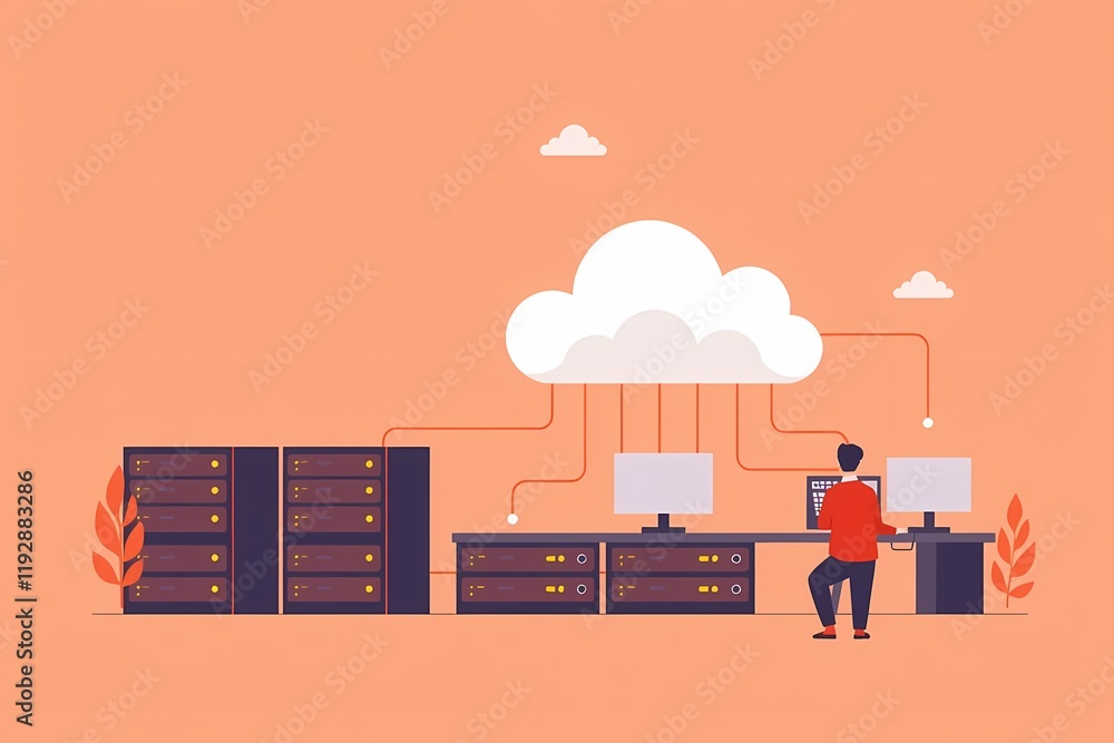 Poster cloud computing data center: a stylized illustration depicts a person working at a server station co