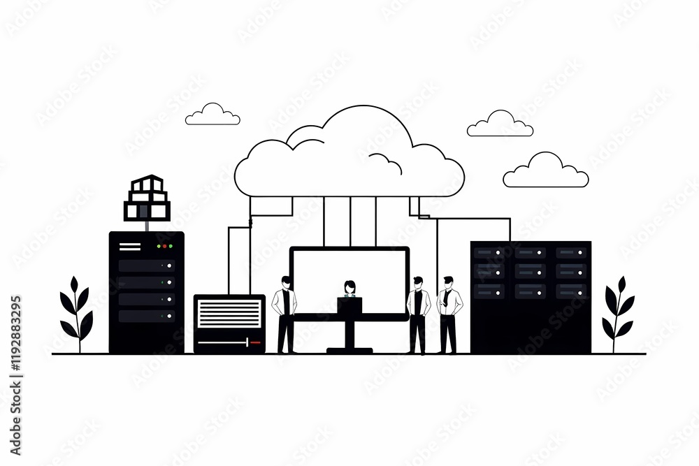 Poster cloud computing infrastructure: a minimalist line art illustration depicting a cloud computing infra
