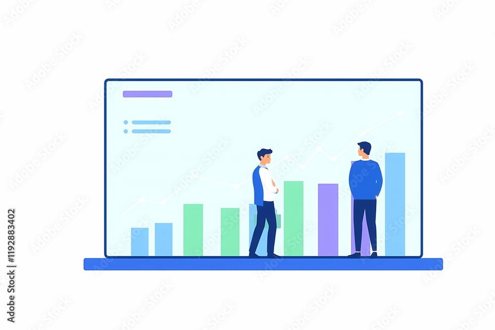 Aufkleber data-driven collaboration: two business professionals stand before a large screen displaying a bar g