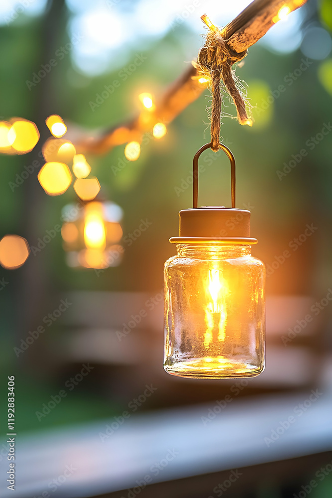 Poster illuminated mason jar lights hang from a tree branch at dusk, creating a warm ambiance for an outdoo
