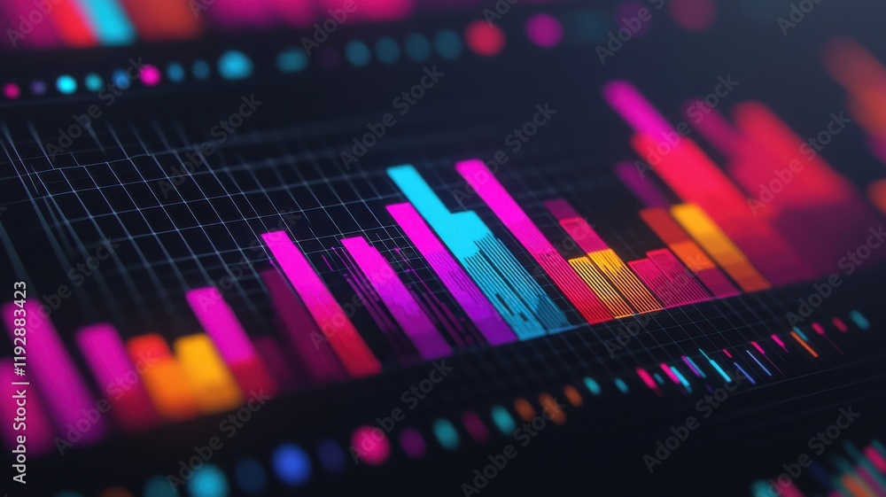 Poster a colorful digital visualization of data with vibrant bars and dots illustrating trends and analytic