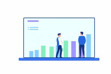 Data-Driven Collaboration:  Two business professionals stand before a large screen displaying a bar graph, illustrating their shared vision and positive upward trend.