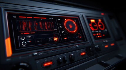 A futuristic dashboard with glowing red accents and intricate controls, showcasing a high-tech interface designed for advanced navigation and data display.