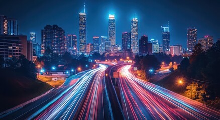 Nighttime City Skyline with Dynamic Light Trails from Moving Vehicles on Busy Highway, Showcasing Urban Growth and Modern Architecture in a Vibrant Metropolis