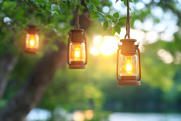Illuminated lanterns hanging from a tree branch at sunset, creating a warm ambiance in a garden setting; perfect for event or romantic themed designs