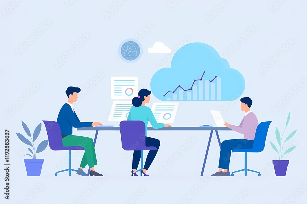 Poster cloud computing collaboration: a team of three professionals collaborate seamlessly on a cloud-based