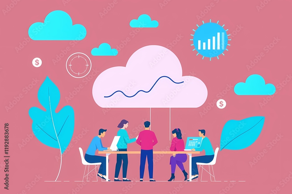 Aufkleber cloud computing collaboration: a team of diverse professionals collaborates around a table, with a c