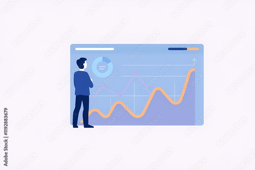Poster businessman analyzing data: a man in a suit stands in front of a large screen displaying an upward t
