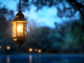 Illuminated Moroccan lantern hanging outdoors at twilight near a pool; soft-focus background ideal for Ramadan or Islamic celebrations
