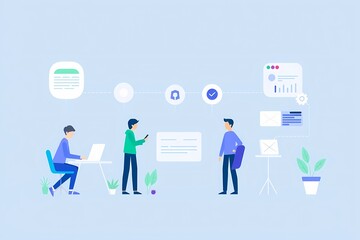 Streamlined Workflow: A visually engaging illustration showcasing a seamless business workflow. Three diverse professionals collaborate digitally, their individual tasks connected through clear.
