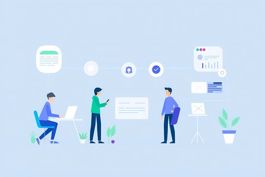 Streamlined Workflow: A visually engaging illustration showcasing a seamless business workflow. Three diverse professionals collaborate digitally, their individual tasks connected through clear.