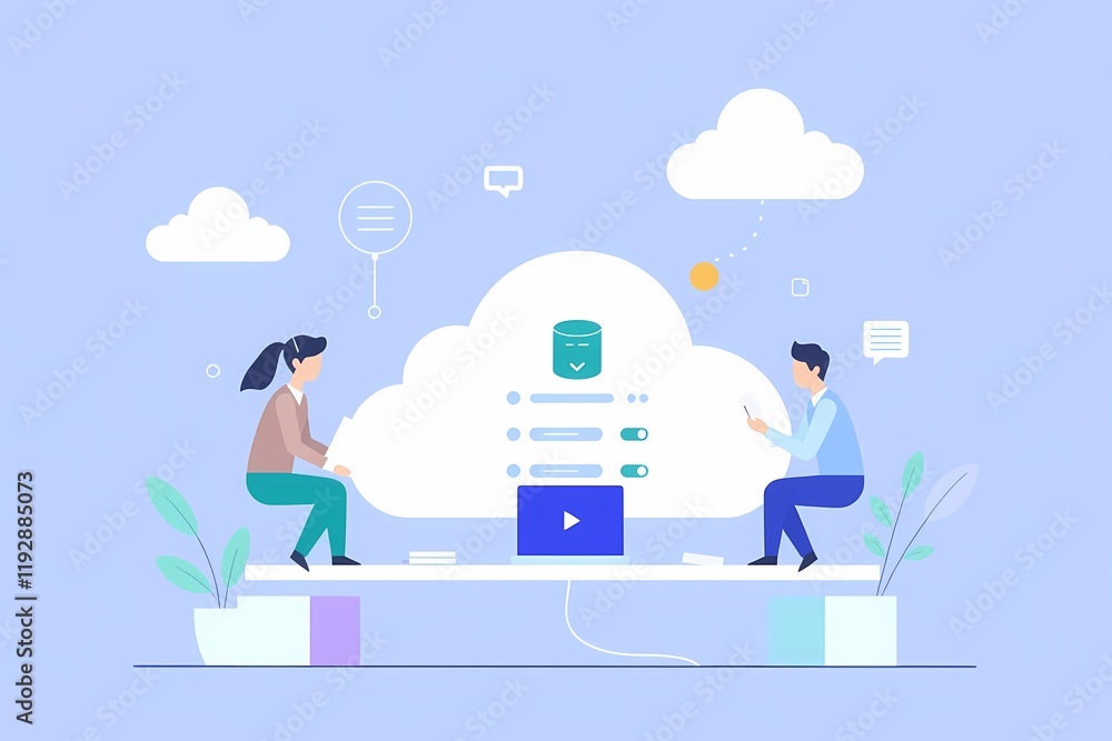 Poster cloud computing collaboration: a stylish illustration depicting two individuals collaborating on a c