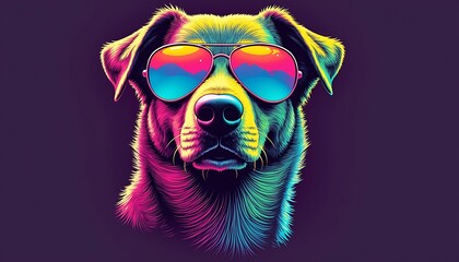 Naklejka premium Cool Dog Portrait Vibrant Rainbow Colors Sunglasses